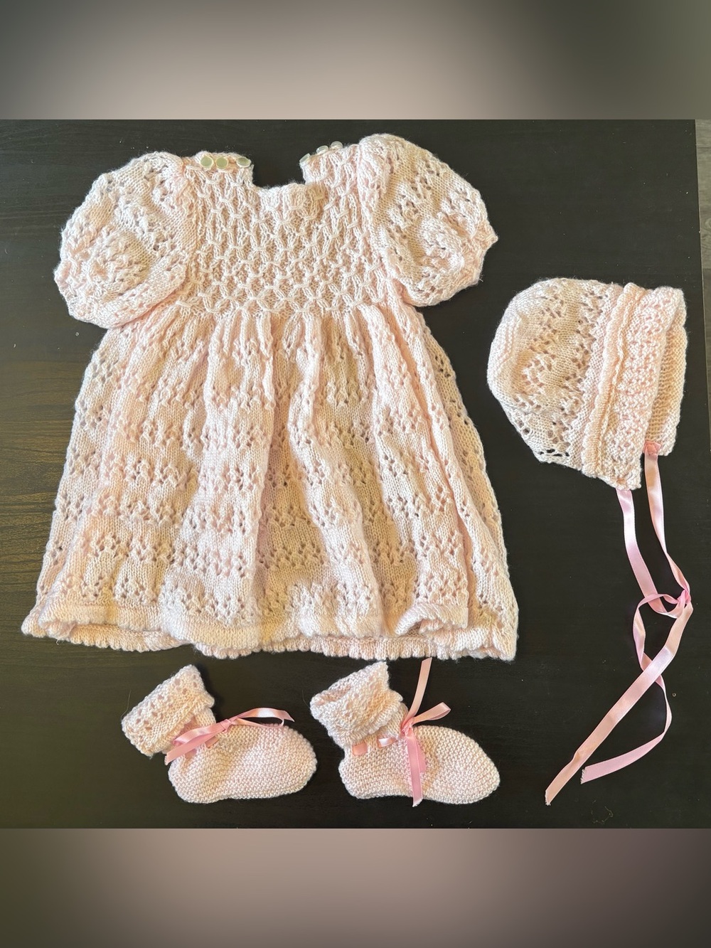 Free shipping! Hand-Knit Baby Pink Lace Dress Set with Bonnet and Booties